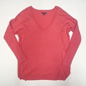 American Eagle Large Coral Sweater V-Neck Salmon Pink Fitted Top Cotton Blend